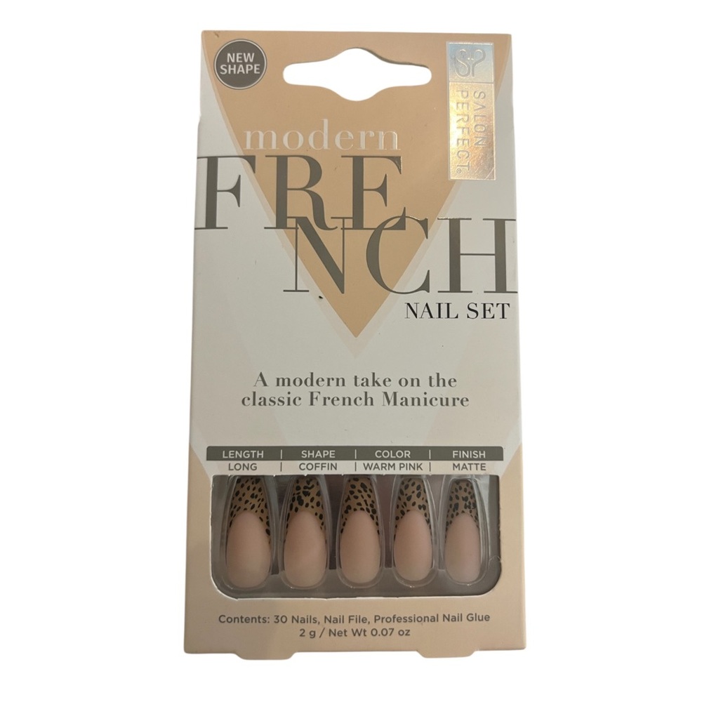 Salon Perfect Modern French Nail Set Long Cheetah Coffin Matte